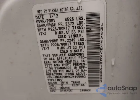 2013 Nissan Rogue Sv z USA, uszkodzony, nr VIN JN8AS5MVXDW105993